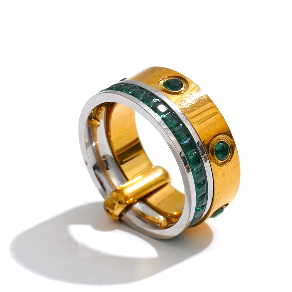 Gold Plated Stainless Steel Ring for Women – Zirconia Double-Layer Geometric Ring