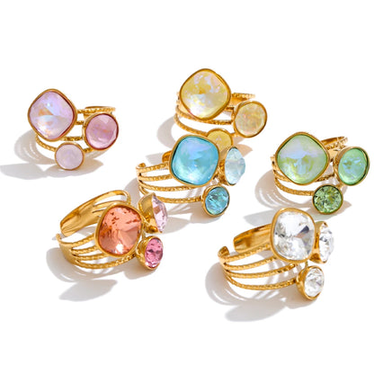 Gold Plated Stainless Steel Ring for Women – Multi-Color Crystal Geometric Statement Ring
