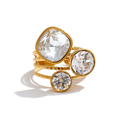 Gold Plated Stainless Steel Ring for Women – Multi-Color Crystal Geometric Statement Ring
