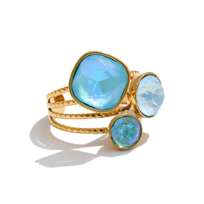 Gold Plated Stainless Steel Ring for Women – Multi-Color Crystal Geometric Statement Ring
