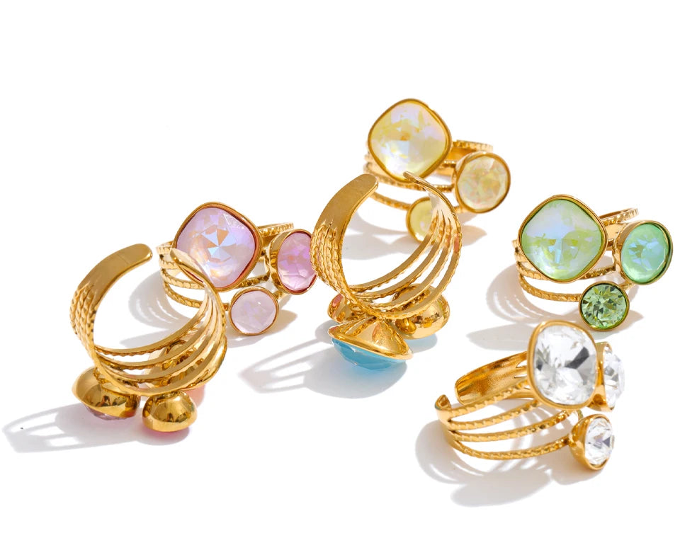 Gold Plated Stainless Steel Ring for Women – Multi-Color Crystal Geometric Statement Ring