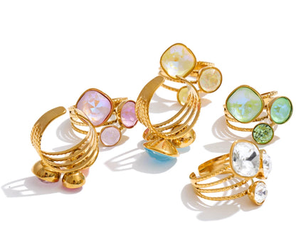 Gold Plated Stainless Steel Ring for Women – Multi-Color Crystal Geometric Statement Ring