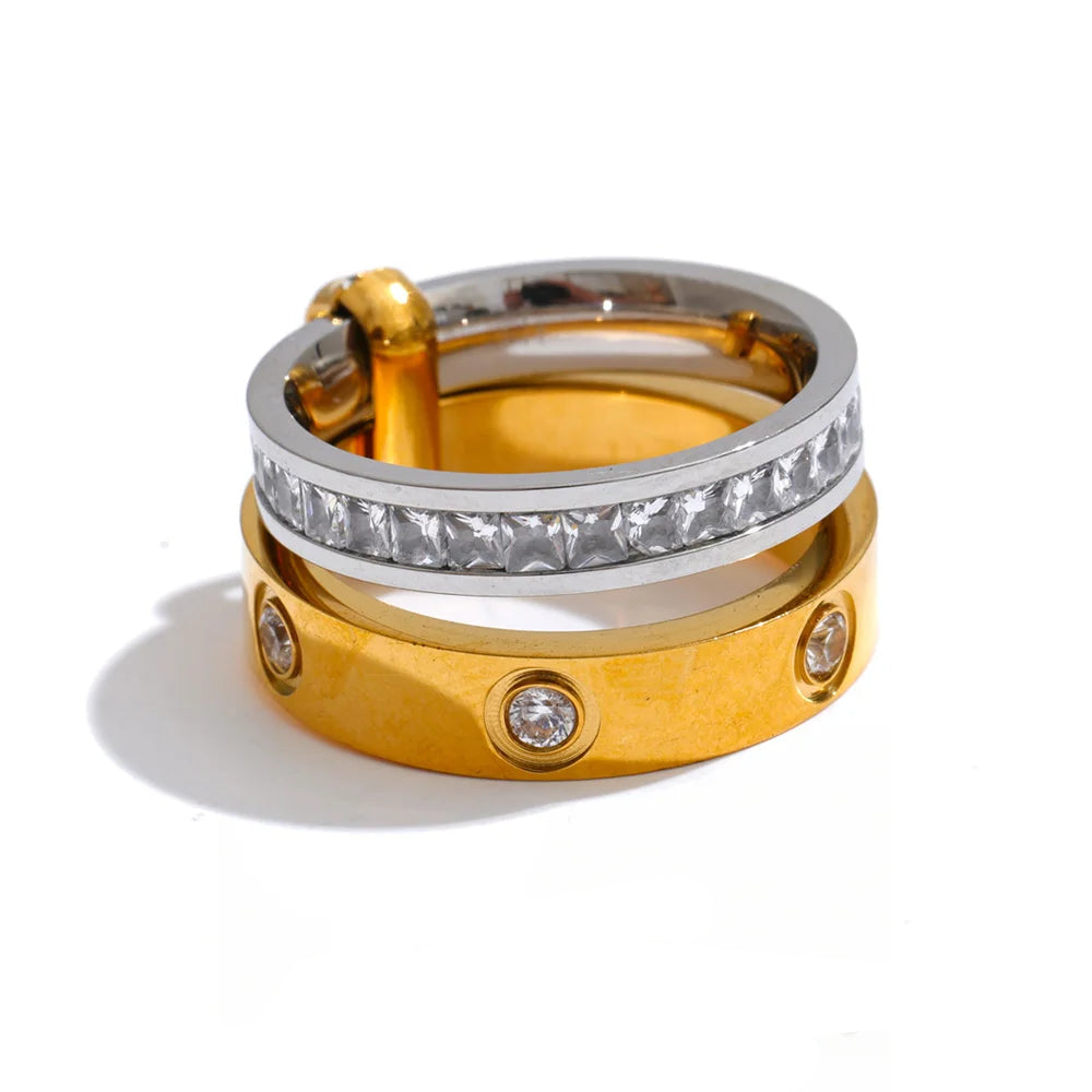 Gold Plated Stainless Steel Ring for Women – Zirconia Double-Layer Geometric Ring