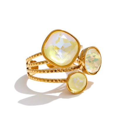 Gold Plated Stainless Steel Ring for Women – Multi-Color Crystal Geometric Statement Ring