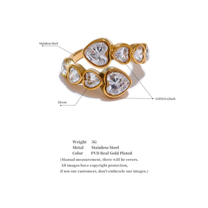 Gold Plated Stainless Steel Ring for Women – Cubic Zirconia Heart Open Ring