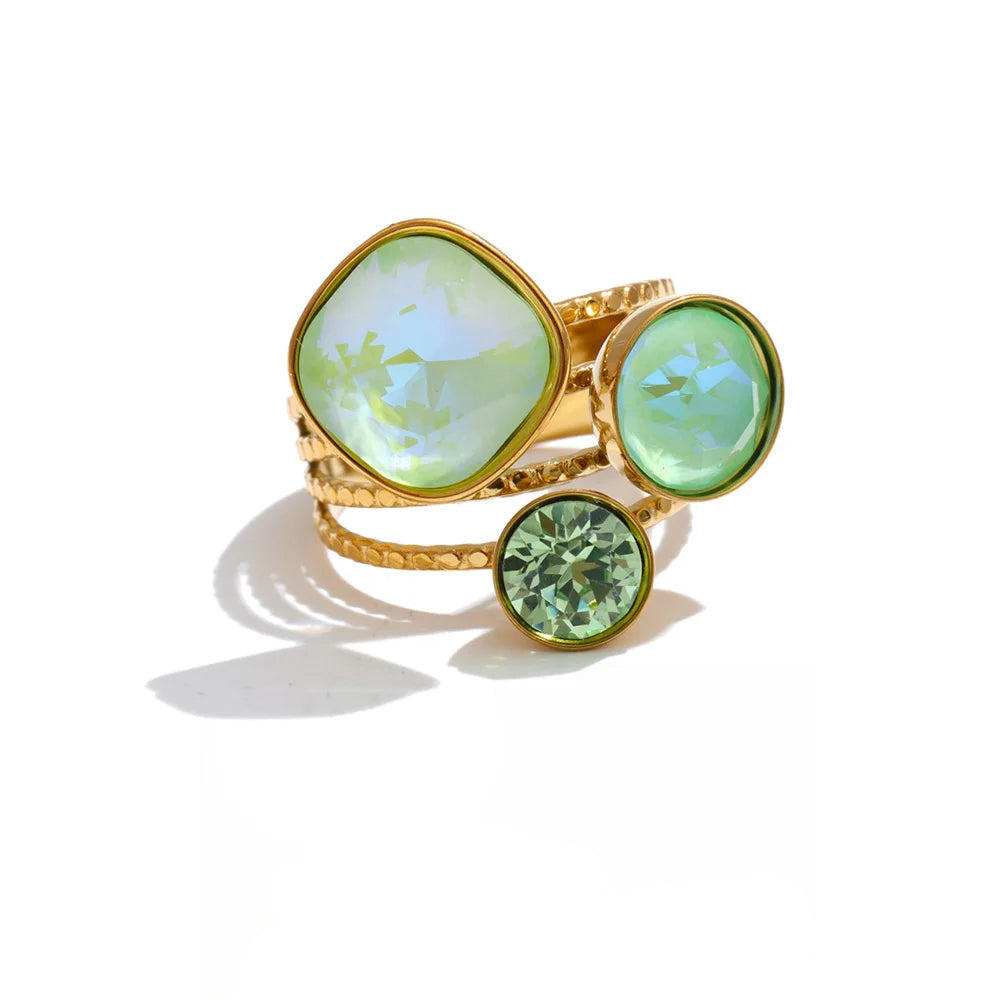 Gold Plated Stainless Steel Ring for Women – Multi-Color Crystal Geometric Statement Ring