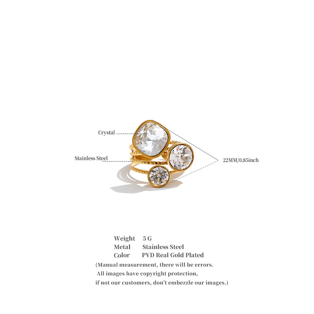 Gold Plated Stainless Steel Ring for Women – Multi-Color Crystal Geometric Statement Ring