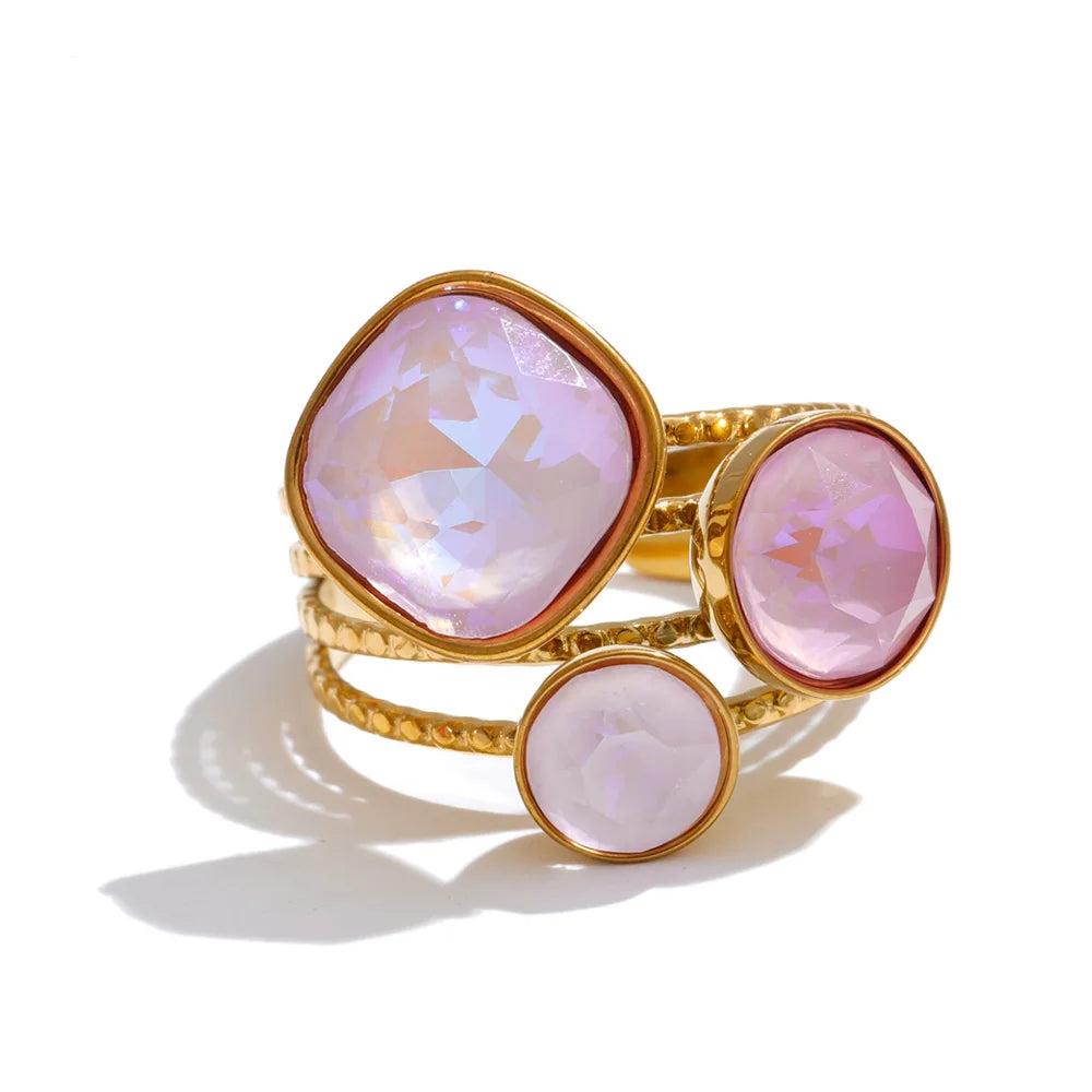 Gold Plated Stainless Steel Ring for Women – Multi-Color Crystal Geometric Statement Ring