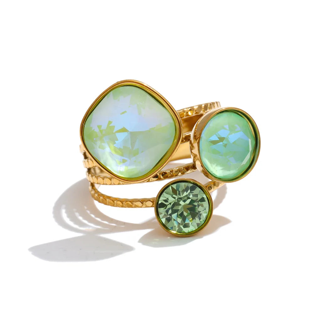 Gold Plated Stainless Steel Ring for Women – Multi-Color Crystal Geometric Statement Ring