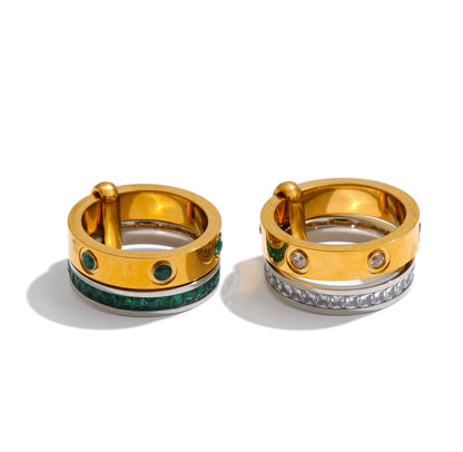 Gold Plated Stainless Steel Ring for Women – Zirconia Double-Layer Geometric Ring