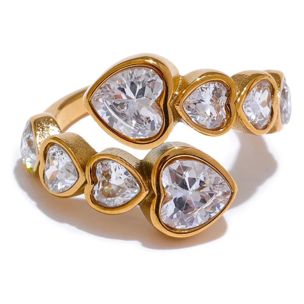 Gold Plated Stainless Steel Ring for Women – Cubic Zirconia Heart Open Ring