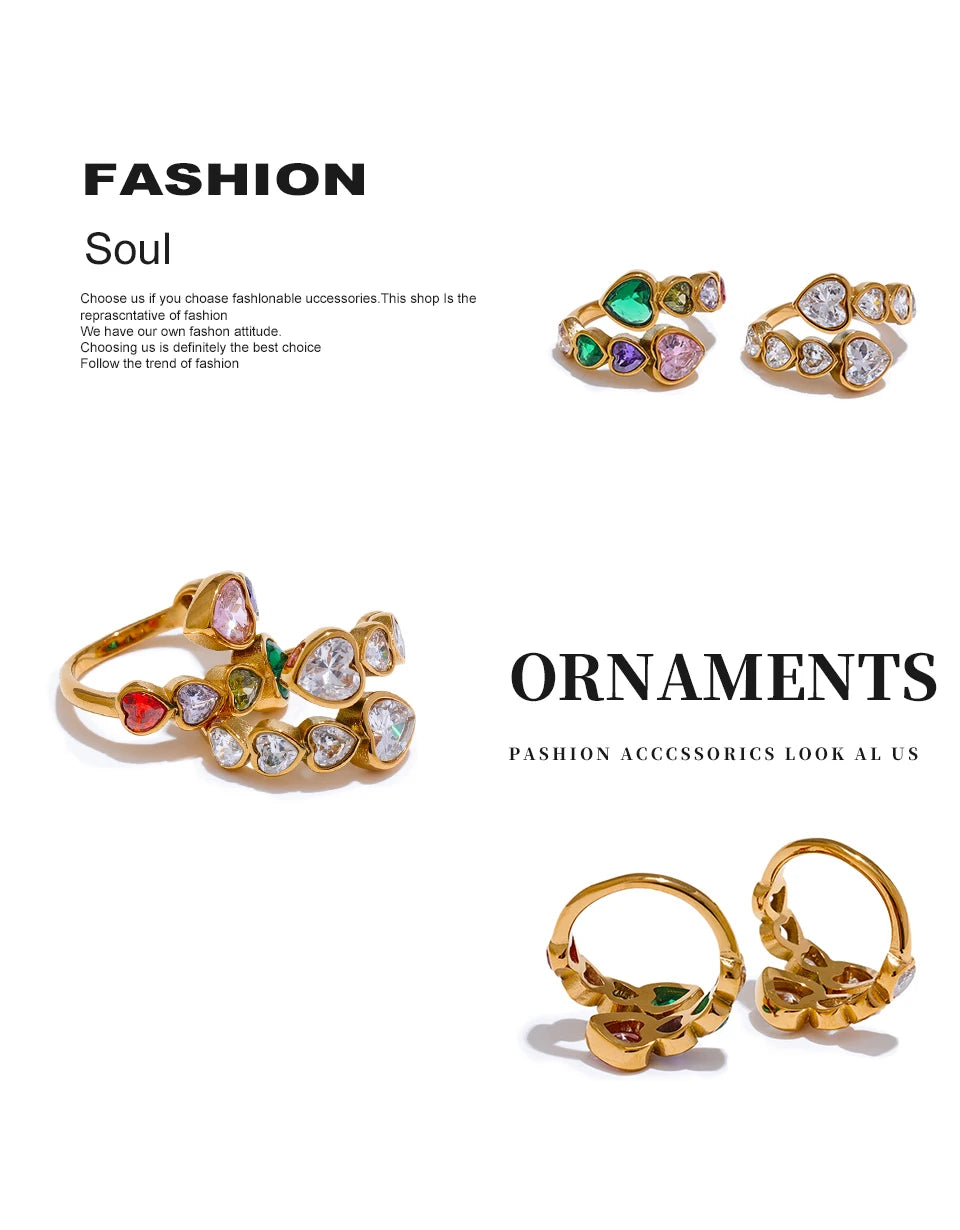 Gold Plated Stainless Steel Ring for Women – Cubic Zirconia Heart Open Ring
