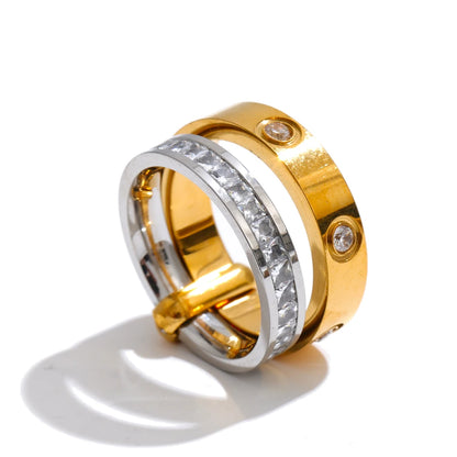 Gold Plated Stainless Steel Ring for Women – Zirconia Double-Layer Geometric Ring