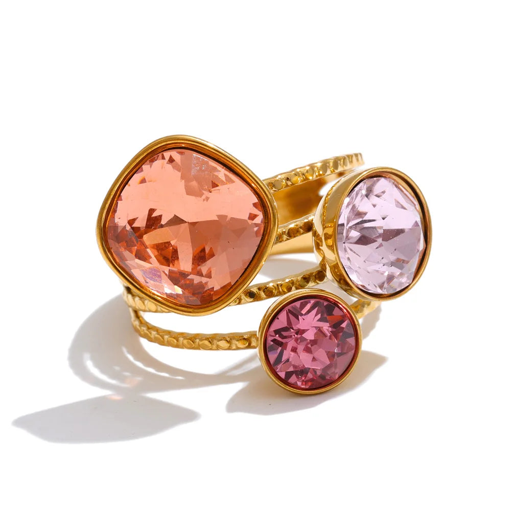 Gold Plated Stainless Steel Ring for Women – Multi-Color Crystal Geometric Statement Ring