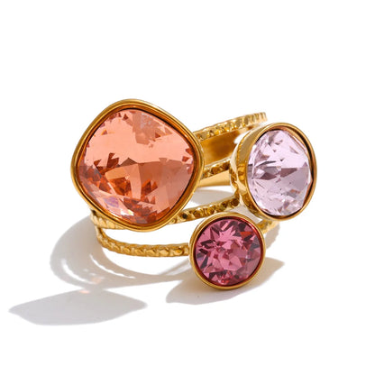 Gold Plated Stainless Steel Ring for Women – Multi-Color Crystal Geometric Statement Ring